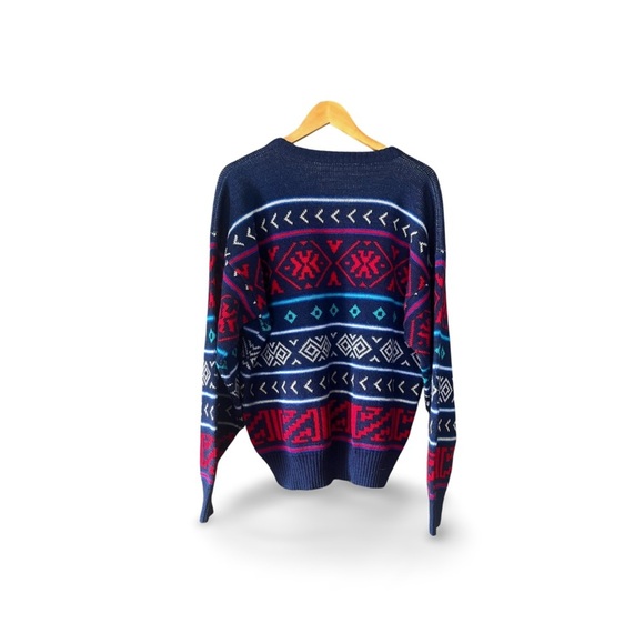 Vintage Wool Blend Sweater – Navy & Red Geometric Knit, 90s Cozy Classic - Picture 3 of 6